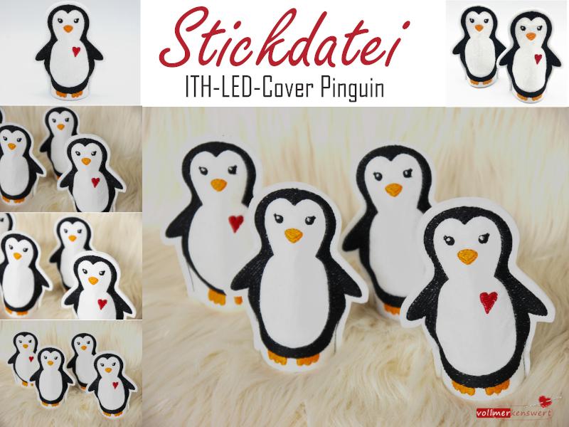 3 ITH-Stickdateien Pinguin LED-Teelicht-Cover im Set für 10 x 10 cm Stickrahmen
